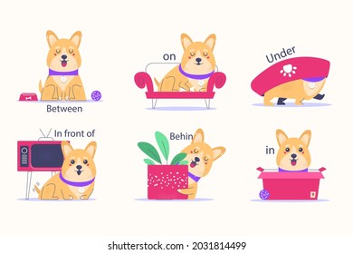 English prepositions. Education kid in kindergarten, preschool, school. Learning language. Prepositions of place English - behind, front, under, between, inside, up, beside,  around, below. Vector art