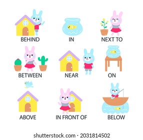 English prepositions. Education kid in kindergarten, preschool, school. Learning language. Prepositions of place English - behind, front, under, between, inside, up, beside,  around, below. Vector art