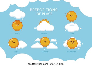 English prepositions. Education kid in kindergarten, preschool, school. Learning language. Prepositions of place English - behind, front, under, between, inside, up, beside,  around, below. Vector art