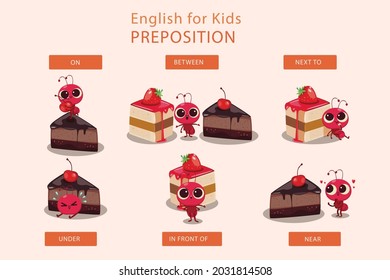 English prepositions. Education kid in kindergarten, preschool, school. Learning language. Prepositions of place English - behind, front, under, between, inside, up, beside,  around, below. Vector art