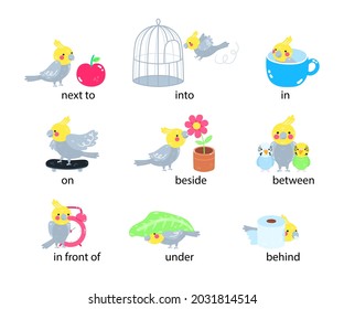 English prepositions. Education kid in kindergarten, preschool, school. Learning language. Prepositions of place English - behind, front, under, between, inside, up, beside,  around, below. Vector art