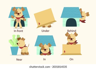 English prepositions. Education kid in kindergarten, preschool, school. Learning language. Prepositions of place English - behind, front, under, between, inside, up, beside,  around, below. Vector art