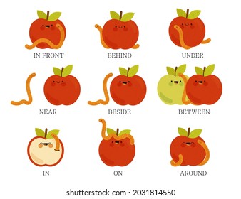 English prepositions. Education kid in kindergarten, preschool, school. Learning language. Prepositions of place English - behind, front, under, between, inside, up, beside,  around, below. Vector art