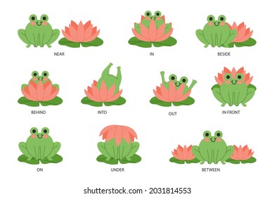 English prepositions. Education kid in kindergarten, preschool, school. Learning language. Prepositions of place English - behind, front, under, between, inside, up, beside,  around, below. Vector art