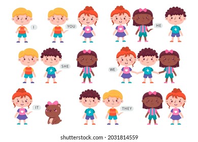 English prepositions. Education kid in kindergarten, preschool, school. Learning language. Prepositions of place English - behind, front, under, between, inside, up, beside,  around, below. Vector art