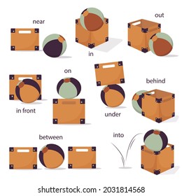English prepositions. Education kid in kindergarten, preschool, school. Learning language. Prepositions of place English - behind, front, under, between, inside, up, beside,  around, below. Vector art