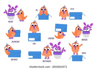 English prepositions. Education kid in kindergarten, preschool, school. Learning language. Prepositions of place English - behind, front, under, between, inside, up, beside,  around, below. Vector art