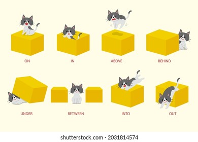 Cat and box. Learning preposition concept. Animal under Stock Vector