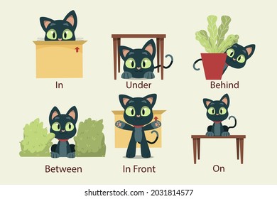 English prepositions. Education kid in kindergarten, preschool, school. Learning language. Prepositions of place English - behind, front, under, between, inside, up, beside,  around, below. Vector art