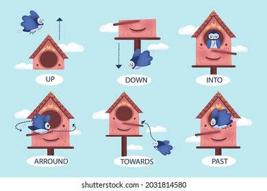 English prepositions. Education kid in kindergarten, preschool, school. Learning language. Prepositions of place English - behind, front, under, between, inside, up, beside,  around, below. Vector art