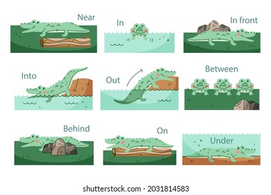 English prepositions. Education kid in kindergarten, preschool, school. Learning language. Prepositions of place English - behind, front, under, between, inside, up, beside,  around, below. Vector art