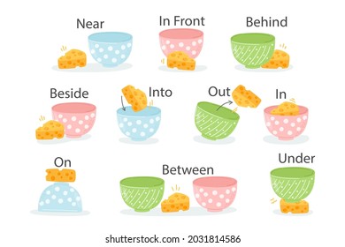 English prepositions. Education kid in kindergarten, preschool, school. Learning language. Prepositions of place English - behind, front, under, between, inside, up, beside,  around, below. Vector art