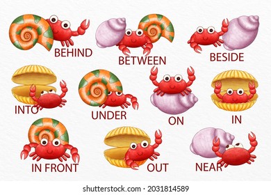 English prepositions. Education kid in kindergarten, preschool, school. Learning language. Prepositions of place English - behind, front, under, between, inside, up, beside,  around, below. Vector art