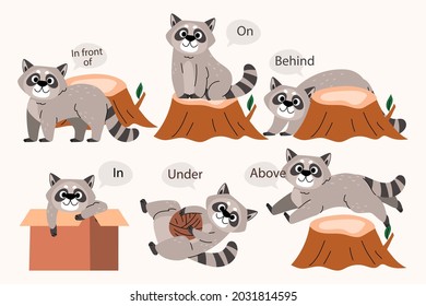 English prepositions. Education kid in kindergarten, preschool, school. Learning language. Prepositions of place English - behind, front, under, between, inside, up, beside,  around, below. Vector art