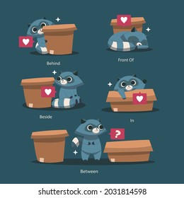 English prepositions. Education kid in kindergarten, preschool, school. Learning language. Prepositions of place English - behind, front, under, between, inside, up, beside,  around, below. Vector art