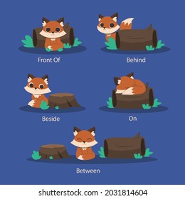 English prepositions. Education kid in kindergarten, preschool, school. Learning language. Prepositions of place English - behind, front, under, between, inside, up, beside,  around, below. Vector art