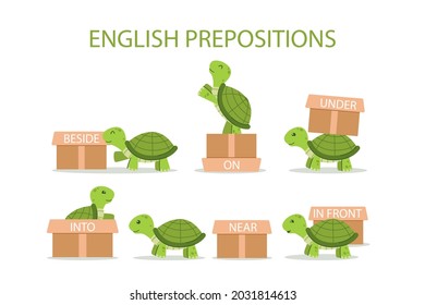 English prepositions. Education kid in kindergarten, preschool, school. Learning language. Prepositions of place English - behind, front, under, between, inside, up, beside,  around, below. Vector art