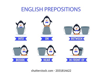 English prepositions. Education kid in kindergarten, preschool, school. Learning language. Prepositions of place English - behind, front, under, between, inside, up, beside,  around, below. Vector art