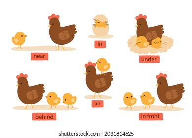 English prepositions. Education kid in kindergarten, preschool, school. Learning language. Prepositions of place English - behind, front, under, between, inside, up, beside,  around, below. Vector art