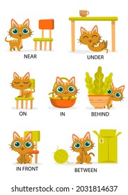 English prepositions. Education kid in kindergarten, preschool, school. Learning language. Prepositions of place English - behind, front, under, between, inside, up, beside,  around, below. Vector art