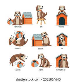 English prepositions. Education kid in kindergarten, preschool, school. Learning language. Prepositions of place English - behind, front, under, between, inside, up, beside,  around, below. Vector art