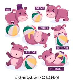 English prepositions. Education kid in kindergarten, preschool, school. Learning language. Prepositions of place English - behind, front, under, between, inside, up, beside,  around, below. Vector art