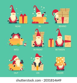 English prepositions. Education kid in kindergarten, preschool, school. Learning language. Prepositions of place English - behind, front, under, between, inside, up, beside,  around, below. Vector art