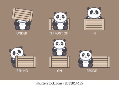 English prepositions. Education kid in kindergarten, preschool, school. Learning language. Prepositions of place English - behind, front, under, between, inside, up, beside,  around, below. Vector art