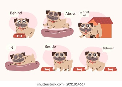 English prepositions. Education kid in kindergarten, preschool, school. Learning language. Prepositions of place English - behind, front, under, between, inside, up, beside,  around, below. Vector art