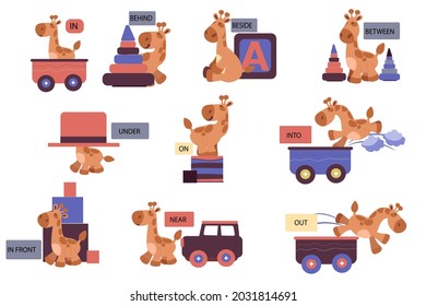 English prepositions. Education kid in kindergarten, preschool, school. Learning language. Prepositions of place English - behind, front, under, between, inside, up, beside,  around, below. Vector art