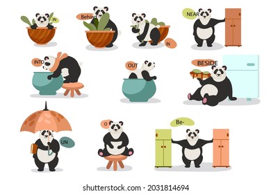 English prepositions. Education kid in kindergarten, preschool, school. Learning language. Prepositions of place English - behind, front, under, between, inside, up, beside,  around, below. Vector art