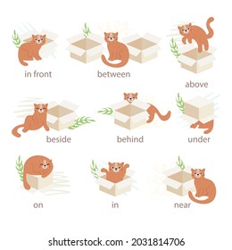 English prepositions. Education kid in kindergarten, preschool, school. Learning language. Prepositions of place English - behind, front, under, between, inside, up, beside,  around, below. Vector art