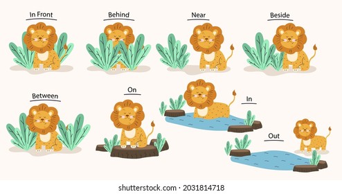 English prepositions. Education kid in kindergarten, preschool, school. Learning language. Prepositions of place English - behind, front, under, between, inside, up, beside,  around, below. Vector art