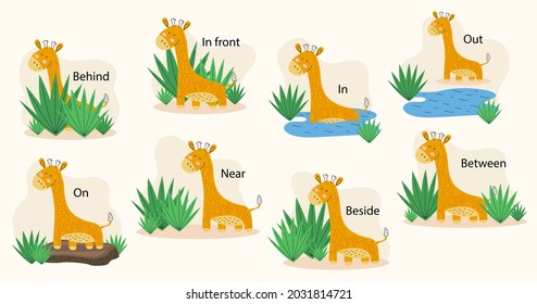 English prepositions. Education kid in kindergarten, preschool, school. Learning language. Prepositions of place English - behind, front, under, between, inside, up, beside,  around, below. Vector art