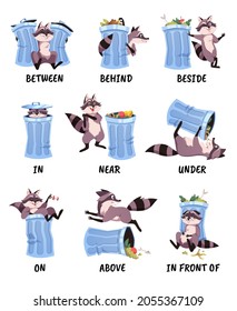 English prepositions. Funny raccoon and garbage can, language vocabulary demonstration, visual kids training, cute character, kindergarten educational worksheet, vector cartoon isolated set