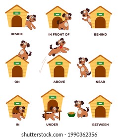 English prepositions learning with cute little dog character. Puppy behind, above, under, front, in, on and between dog house concept. Modern style flat cartoon graphic illustration