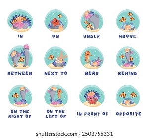 English prepositions on marine animals. Coral reef and fish.