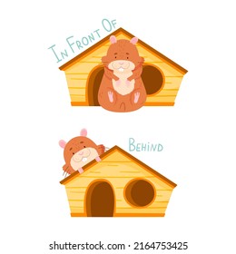 English prepositions of place set. Cute hamster sitting in front of and behind the house. Educational material for kids cartoon vector illustration
