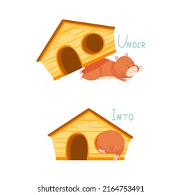 English prepositions of place set. Cute hamster sitting under and into the house. Educational material for kids cartoon vector illustration