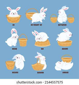 English prepositions. Teaching poster for children with playful cartoon bunny. Learn grammar with animal, vector neoteric rabbit with basket teach preposition