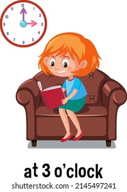 English prepositions of time with kid and clock illustration
