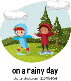 English prepositions of time with raining scene illustration