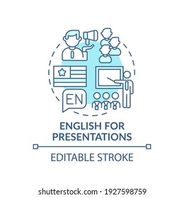 English for presentations concept icon. Business english purpose idea thin line illustration. Developing communicative competence. Vector isolated outline RGB color drawing. Editable stroke