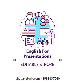 English for presentations concept icon. Business english purpose idea thin line illustration. Giving presentations to clients and colleagues. Vector isolated outline RGB color drawing. Editable stroke