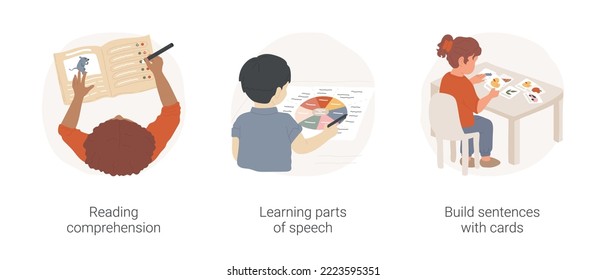 English proficiency and literacy at elementary school isolated cartoon vector illustration set. Reading comprehension, learning parts of speech, build sentences with cards vector cartoon.