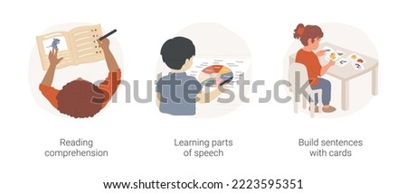 English proficiency and literacy at elementary school isolated cartoon vector illustration set. Reading comprehension, learning parts of speech, build sentences with cards vector cartoon.
