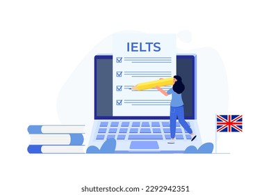 English Proficiency Test and Exam. IELTS International English Language Testing System. Vector illustration.