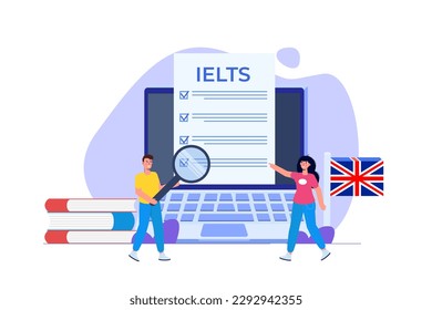 English Proficiency Test and Exam. IELTS International English Language Testing System. Vector illustration.
