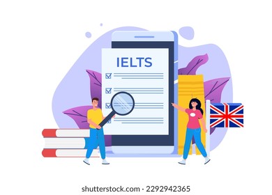 English Proficiency Test and Exam. IELTS International English Language Testing System. Vector illustration.