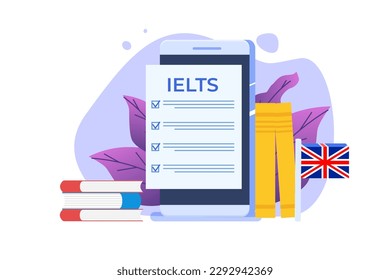 English Proficiency Test and Exam. IELTS International English Language Testing System. Vector illustration.